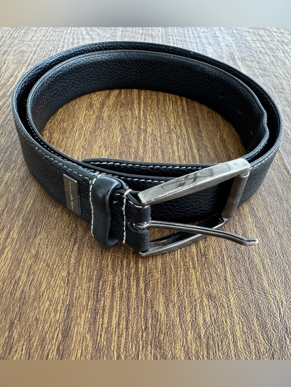 Ermenegildo Zegna Black Leather Belt with Solid Brass Nickel Finish Buckle